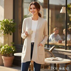 Doe & Rae Womens M Long Open Front Cardigan Sweater Ribbed Hem Beige Acrylic Ang